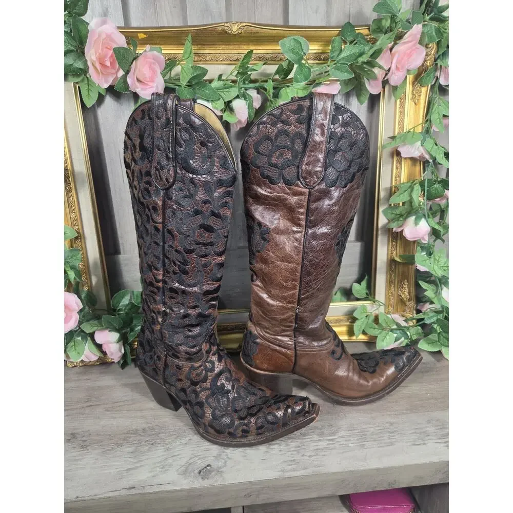 Corral Women's Brown Black Floral Embroidered Leather Western Cowboy Boots Snip